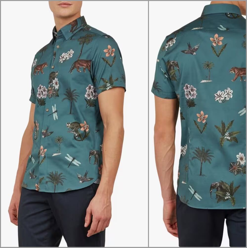 Ted Baker Men's Group Jungle Print Shirt Short Sleeve Teal sz 7